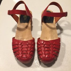Red Swedish Hasbeens Woven Leather Wood Clogs